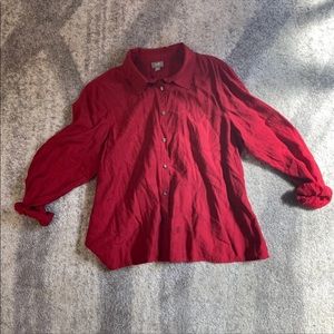 Red flower textured button down blouse